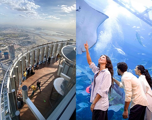Two combined images: Left image is Burj Khalifa At the Top and Right image is of Dubai Aquarium
