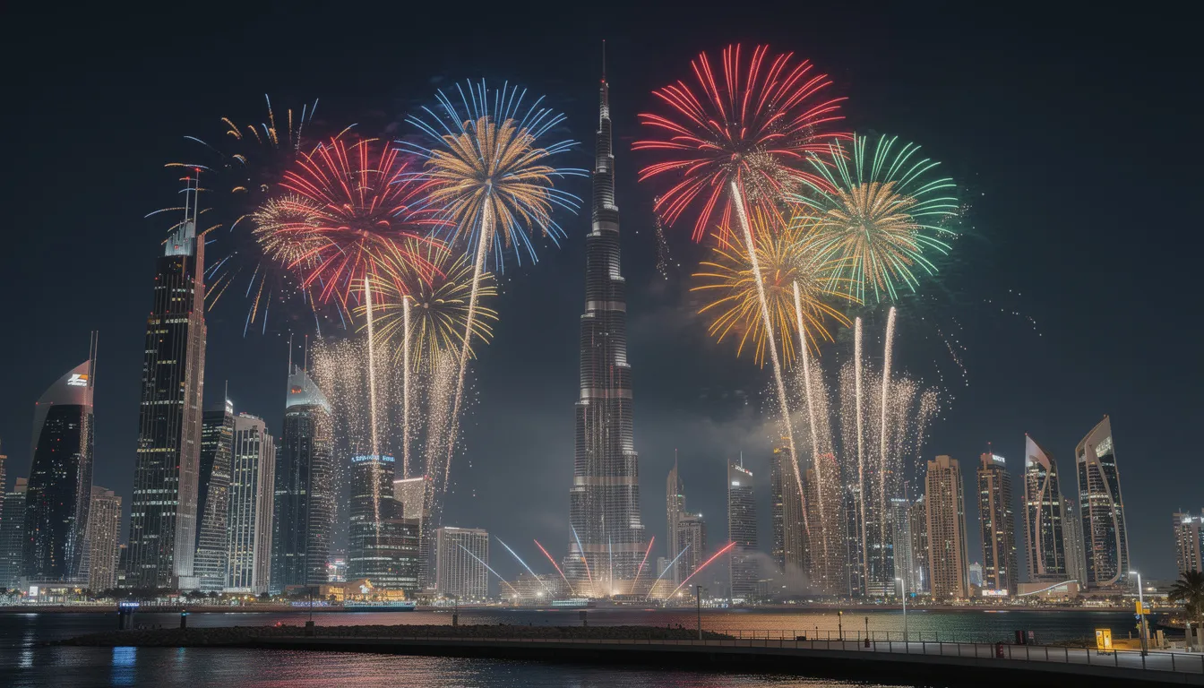A vibrant fireworks display lights up the night sky over the Dubai skyline, featuring colorful explosions that enhance the view of iconic structures like the Burj Khalifa. This spectacular scene captures the essence of celebration, making it a perfect backdrop for New Year festivities in Dubai.