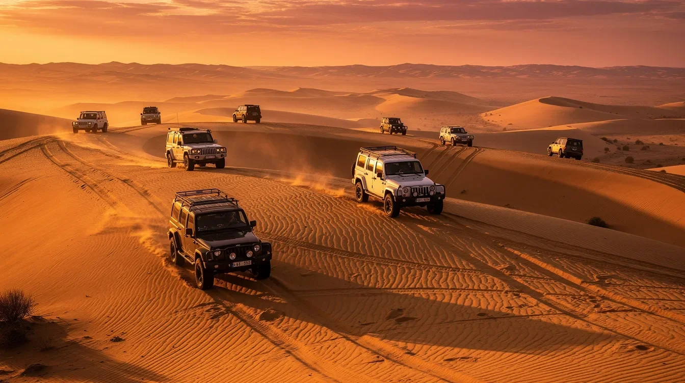 The image depicts four-wheel drive vehicles traversing golden sand dunes during a stunning sunset, highlighting the adventure of a desert safari in Dubai. This outdoor activity offers a thrilling experience against the backdrop of the Middle East's iconic landscapes.