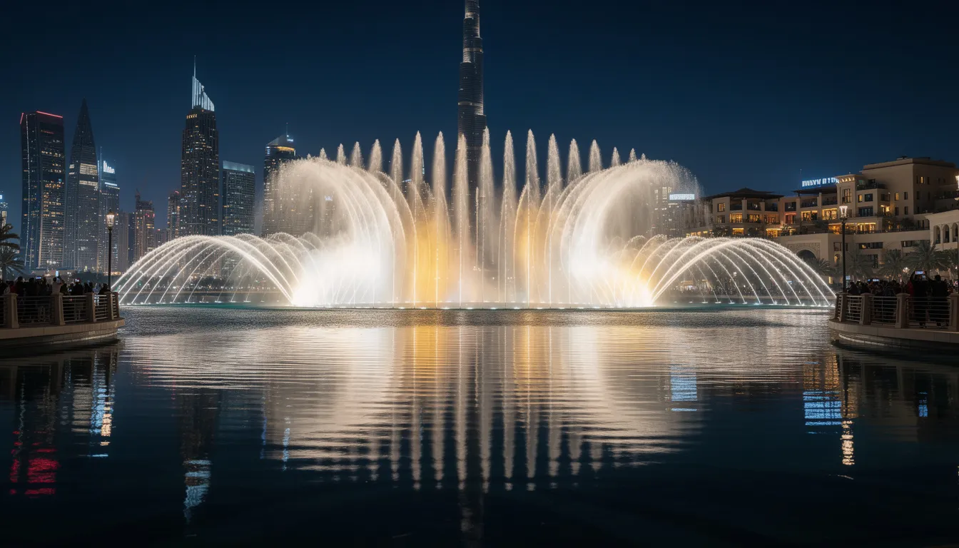 The image captures the spectacular Dubai Fountain water show at night, with vibrant lights illuminating the water as it dances in sync with music, while the towering Burj Khalifa and city lights reflect beautifully on the surface. This enchanting scene showcases the allure of Dubai, making it a must-see during the New Year celebrations or any visit to the world-renowned site.