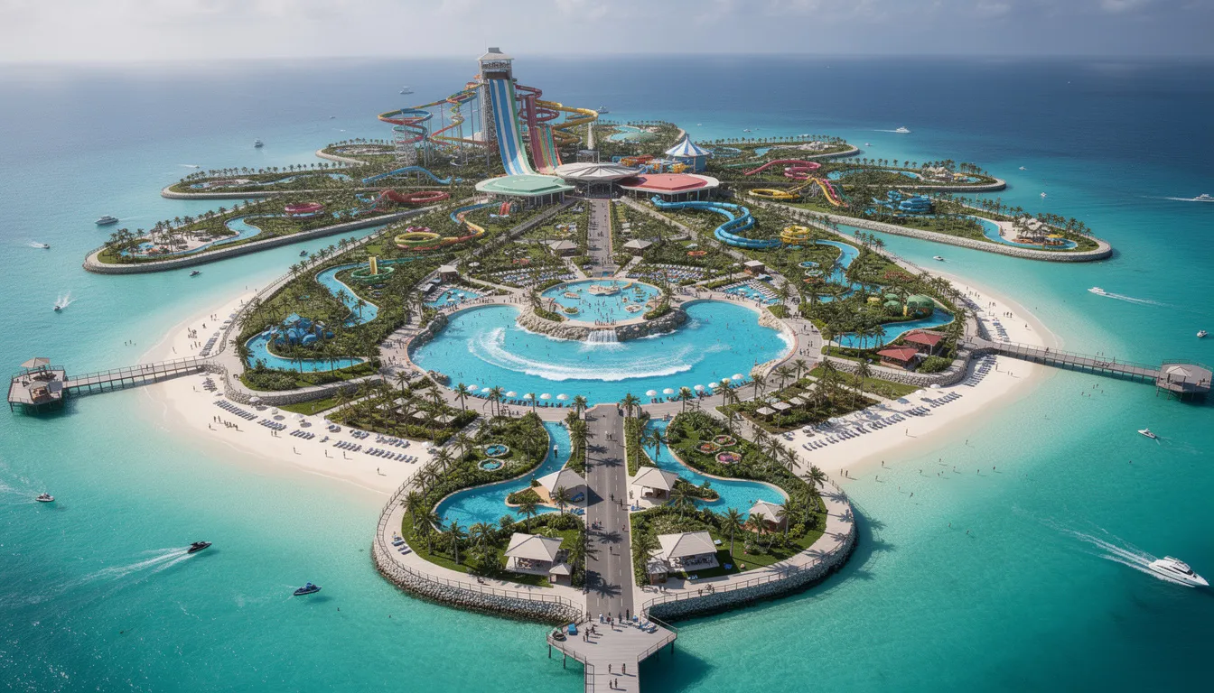 An aerial view showcases the world's largest waterpark, Atlantis Aquaventure, located on a palm-shaped island in Dubai. The image features a variety of thrilling water slides, expansive pools, and lush greenery, all set against the backdrop of the Arabian Gulf, inviting thrill seekers and families to enjoy a day of fun and adventure.