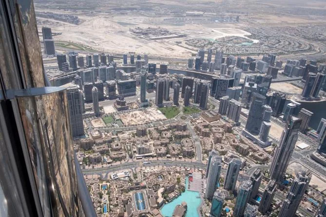 View of Downtown Dubai skyline from Burj Khalifa observation deck