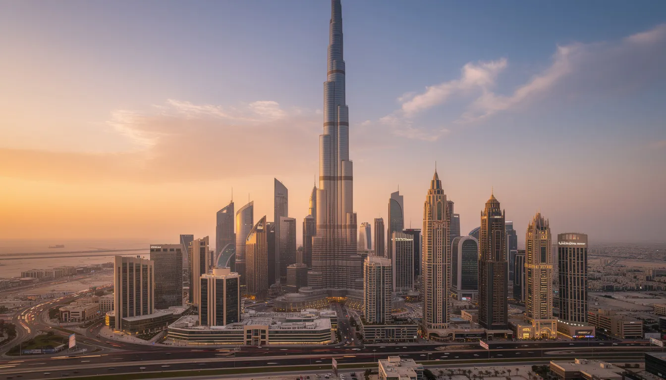 The Burj Khalifa towers majestically above the Dubai skyline, illuminated by the warm hues of a golden sunset. This iconic structure stands as a symbol of the world’s tallest building, offering a stunning view of the city as day transitions into night.
