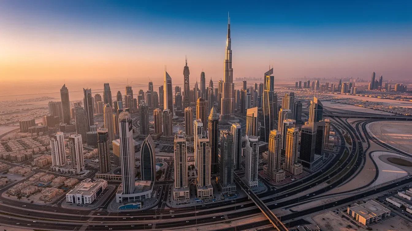 An aerial view captures the stunning Dubai skyline at golden hour, showcasing modern skyscrapers like the Burj Khalifa and Burj Al Arab, reflecting warm sunlight. This breathtaking scene highlights Dubai's architectural brilliance and is a visual representation of one of the most popular tourist attractions in the United Arab Emirates.