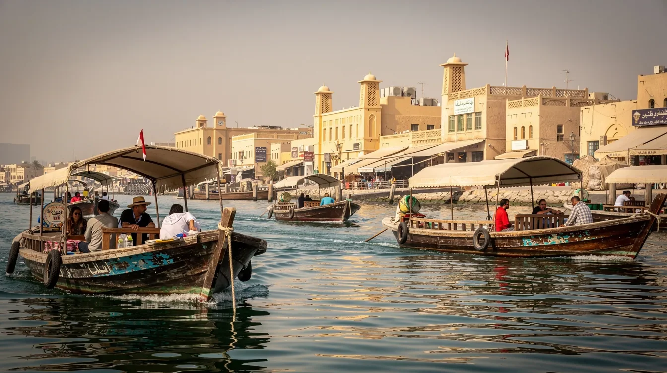 The image depicts traditional wooden abra boats gracefully crossing Dubai Creek, with historic buildings lining the waterfront in the background. This scene captures the essence of old Dubai, showcasing its rich culture and iconic landmarks, making it a must-visit for travelers exploring the United Arab Emirates.